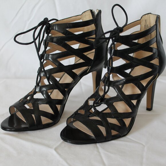 NINE WEST, 6.5US Black Leather upper open toe sandal heels - Picture 1 of 4